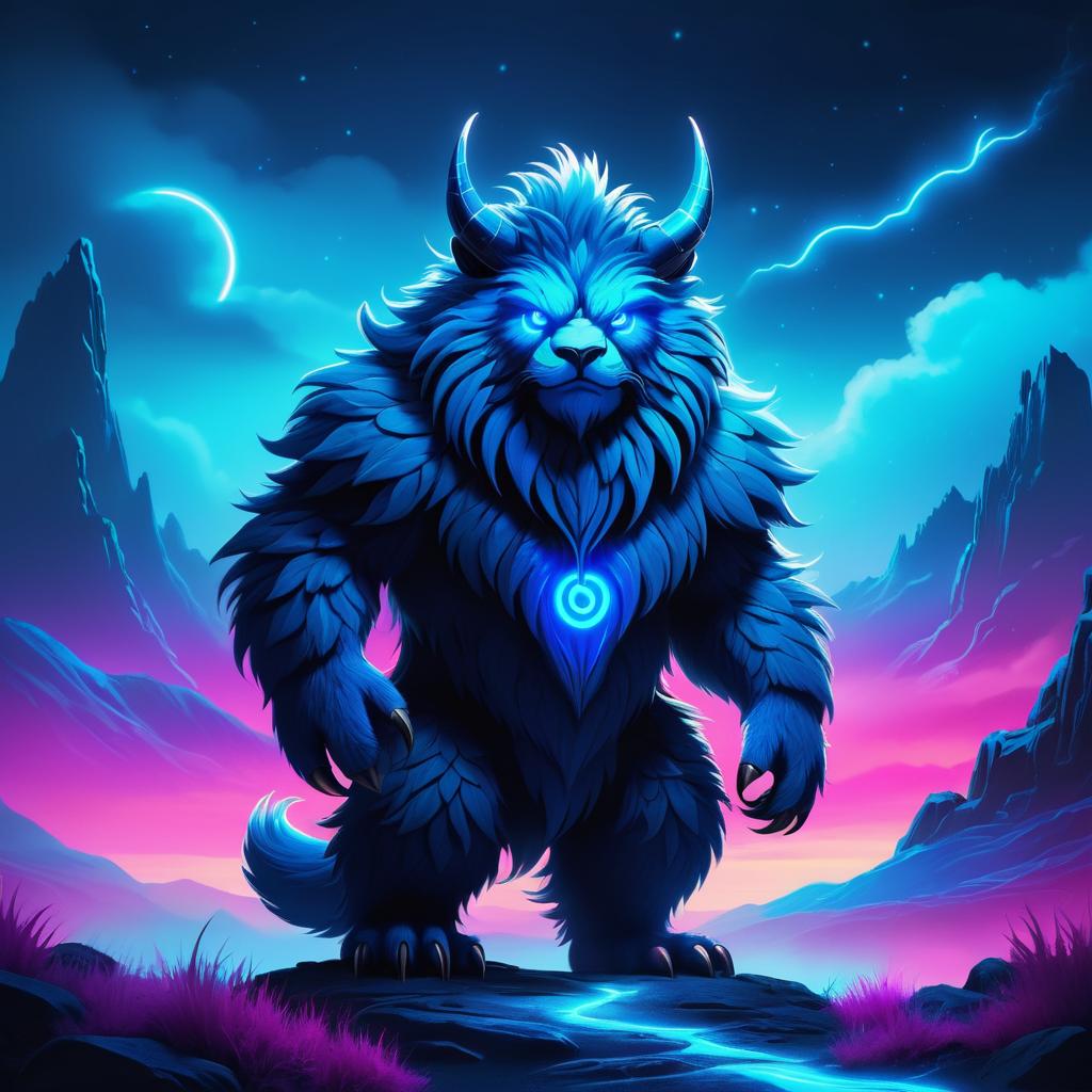 Furry Monster in Neon Fantasy Landscape