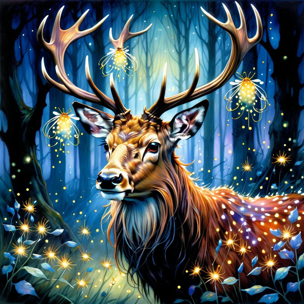 Enchanting Stag Amidst Fireflies at Twilight