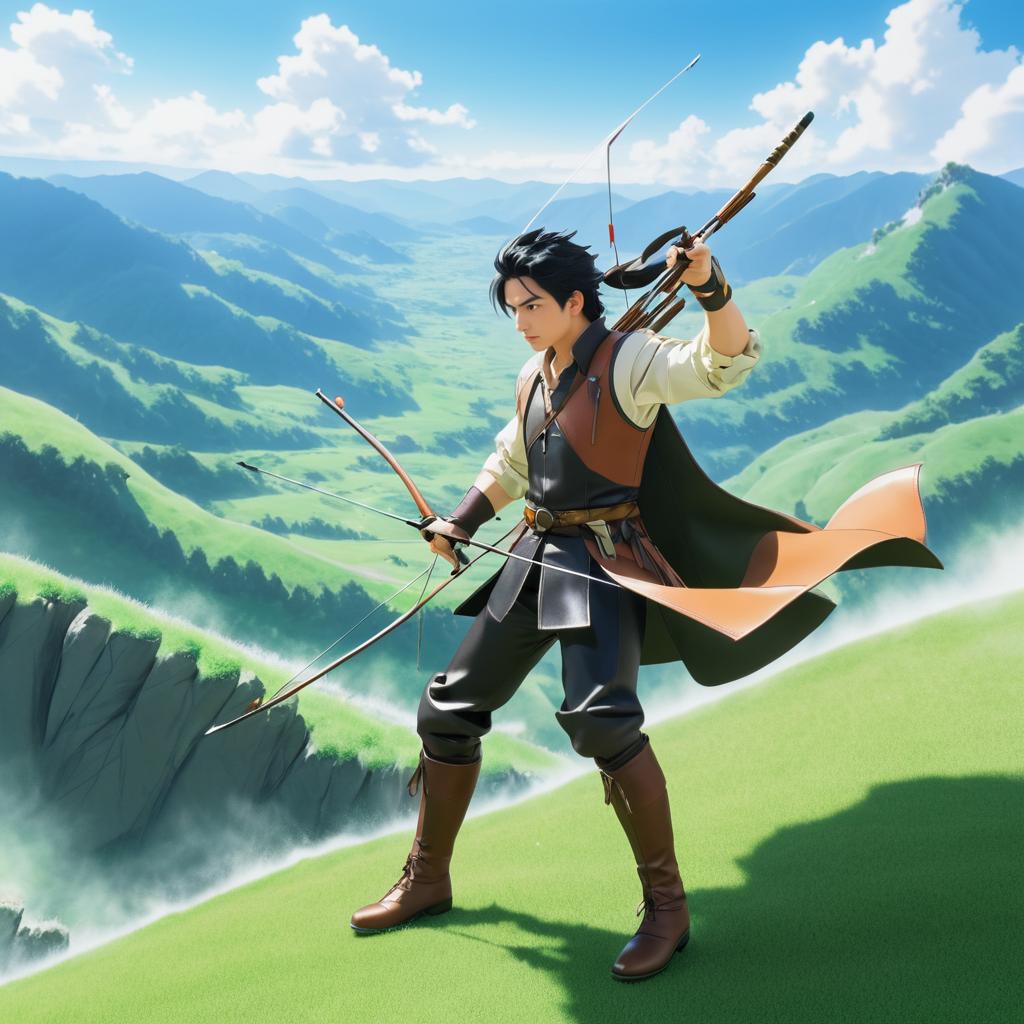 Dynamic Archer in Serene Mountain Landscape