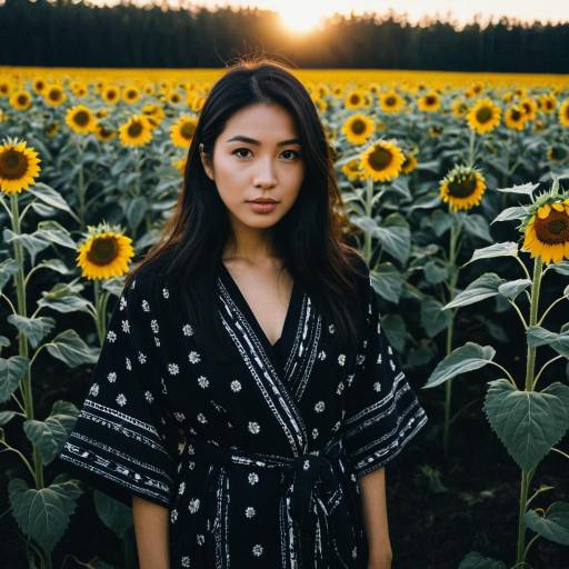 Young Woman in Black Robe in Sunflower Field
