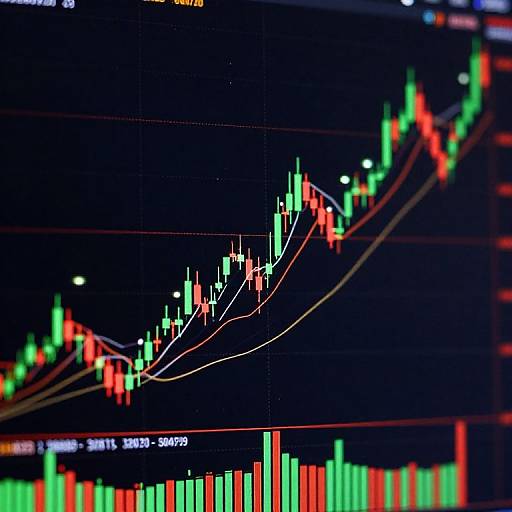 Photograph of a computer screen displaying a colorful stock market chart with red and green bars, zigzagging lines, and time grid against a dark background