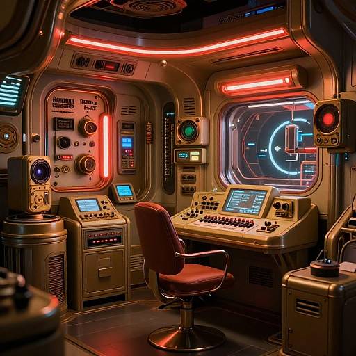 Photograph of a retro-futuristic control room with neon red lighting, vintage consoles, a red swivel chair, and a holographic display on