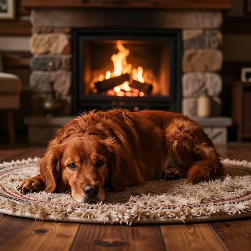 Redhead Dog on Cozy Fireplace Rug
