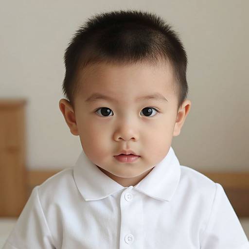 Photograph of a young Asian boy with black hair, large dark eyes, and fair skin, wearing a white collared shirt, looking directly at the