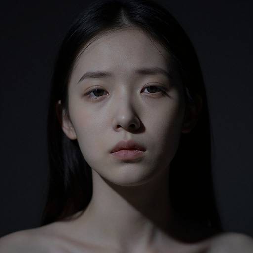 Photograph of a young Asian woman with long black hair, pale skin, and neutral expression, illuminated against a dark background.