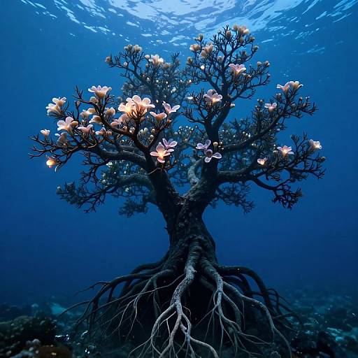 Photograph of an underwater tree with blooming white and pink flowers, dark roots, and a deep blue ocean background.