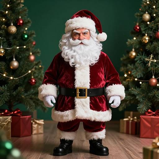 Photograph of a traditional Santa Claus with a white beard, red velvet suit, black belt, and white fur trim, standing between two decorated Christmas trees