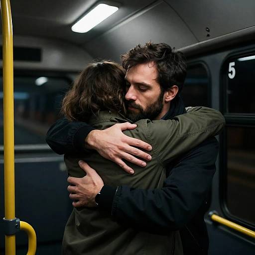 Intense Embrace on a Dimly Lit Bus