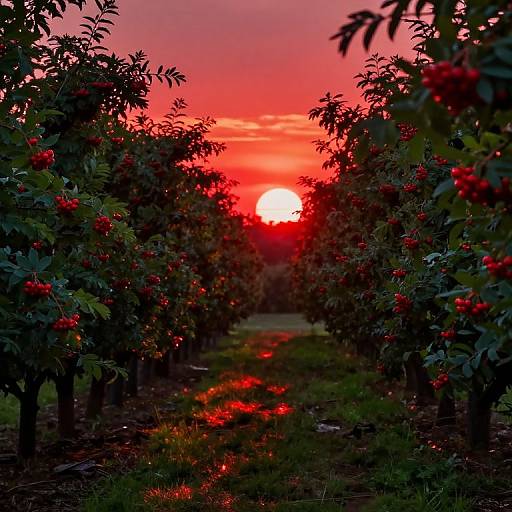 Glowing Crimson Berries Orchard