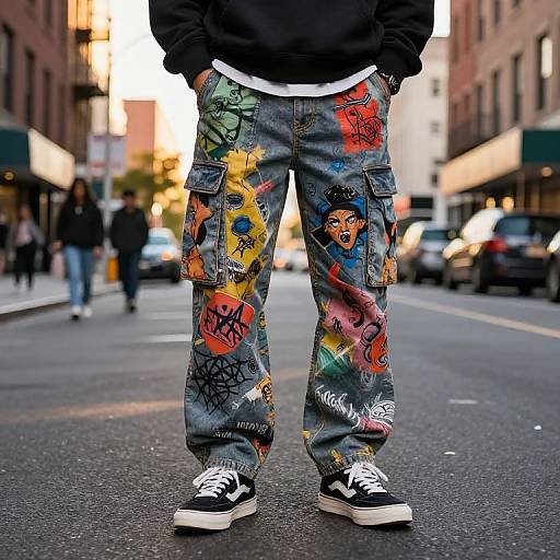 Photograph of a person standing on a city street, wearing black hoodie, colorful graffiti-decorated jeans, and black sneakers, with urban buildings and