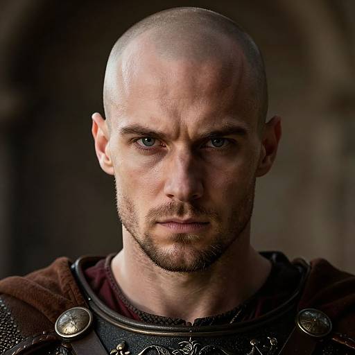 Close-up photograph of a bald, blue-eyed, bearded man with intense expression, wearing medieval armor with metal studs, against a dark, blurred background