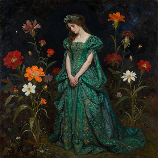 Victorian-style painting of a fair-skinned woman in ornate green dress, surrounded by tall flowers with vibrant red, orange, and white petals.
