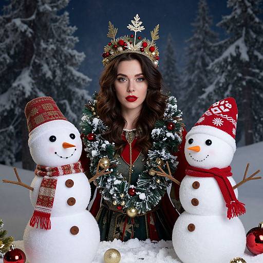 Photograph of a fair-skinned woman with red lipstick, wearing a festive crown and green Christmas dress, standing between two snowmen in a snowy forest