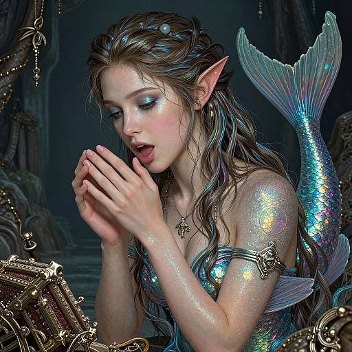 Digital art of a shimmering mermaid with long, wavy brown hair, pointed ears, and iridescent scales, hands clasped in prayer