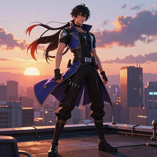 Anime-style drawing of a confident, black-haired male character in a blue coat, black pants, and gloves, standing on a rooftop at sunset with a