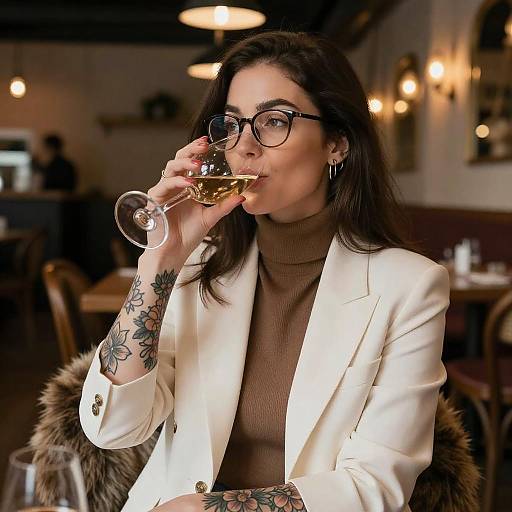 Woman with Floral Tattoos in Cozy Restaurant
