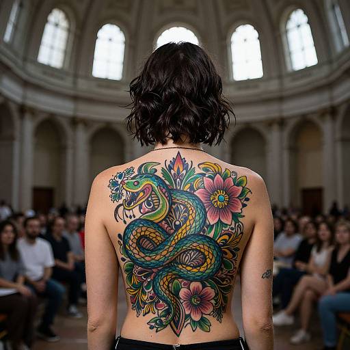 Photograph of a woman with short black hair, back facing camera, showcasing a colorful, intricate dragon tattoo with flowers on her upper back, inside a