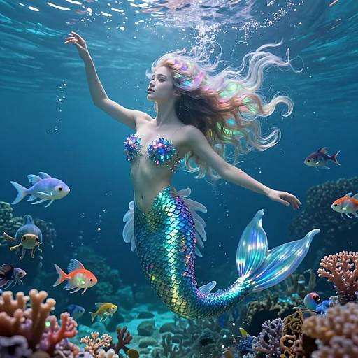 Photorealistic digital art of a shimmering mermaid with long, flowing hair, colorful scales, and a translucent fin, floating gracefully underwater among vibrant