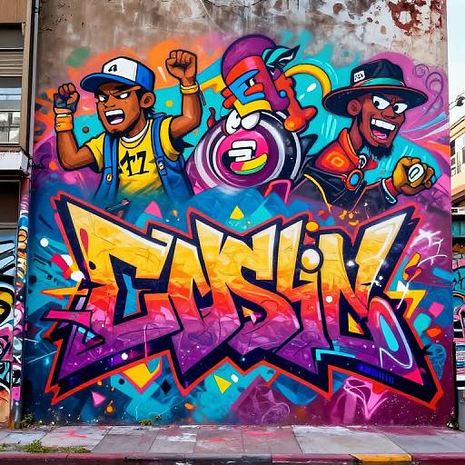Vibrant graffiti mural of two animated, smiling African-American boys in colorful sports jerseys and caps, raising fists, with bold 
