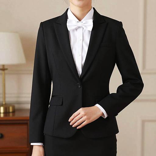 Photograph of a person in a black business suit with a white dress shirt, standing in an elegant, softly lit room.