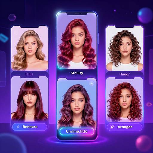 Digital illustration of six women with different hairstyles displayed on a glowing smartphone interface, labeled 