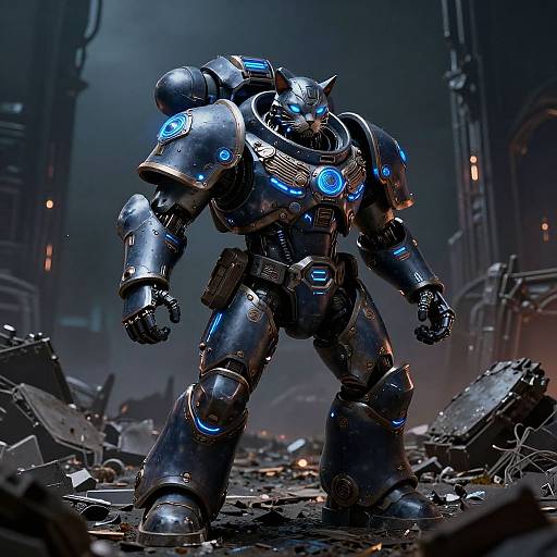 CGI image of a towering, futuristic, blue-accented robot standing amidst a dark, ruined cityscape with debris and glowing lights.