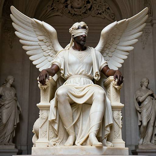 Photograph of a marble statue of a winged, dark-skinned angel with a blindfold, seated regally on an ornate throne, fl