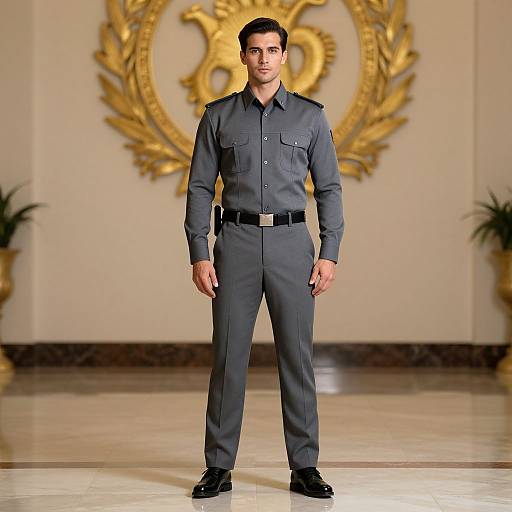 Photograph of a serious, dark-haired man in a gray military uniform standing in front of a gold emblem wall, with potted plants on either side