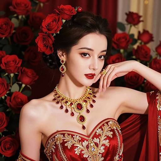 Elegant Woman with Red Roses and Gold Jewelry