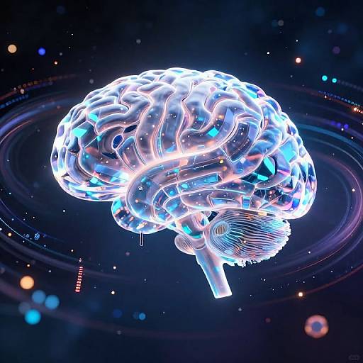 Digital illustration of a glowing, neon-blue and white brain floating in a dark, starry space with colorful bokeh lights.