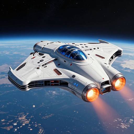 Photorealistic CGI of a sleek white spacecraft with twin orange engines, glass cockpit, and black accents flying over Earth's curvature.
