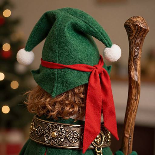 Photograph of a child with curly blonde hair wearing a green elf hat with white pom-poms, red ribbon, and ornate silver belt, seated