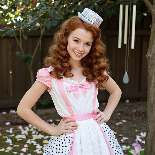 Photograph of a smiling young woman with curly red hair, wearing a vintage pink and white polka dot dress with a small white hat, standing in