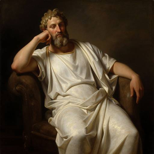 Photorealistic painting of a bearded, middle-aged man with curly hair, wearing a draped white toga, sitting pensively on a dark leather