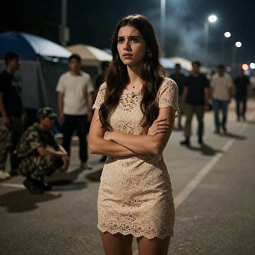 Worried Woman in a Nighttime Street Scene