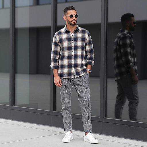 Man in Trendy Plaid Shirt and Patterned Trousers