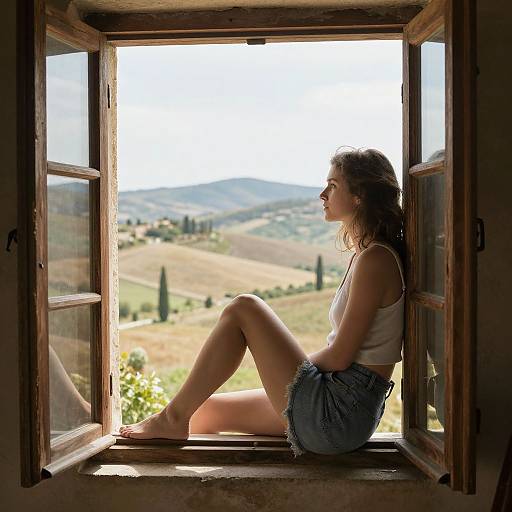 Photograph of a young woman with curly brown hair, wearing a white tank top and denim shorts, sitting on a wooden window sill, gazing at