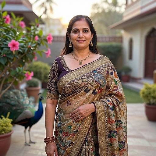 Photograph of an Indian woman in an ornate gold and black saree, standing outdoors with a peacock, pink flowers, and potted plants