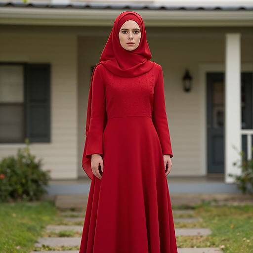 Photograph of a young woman with fair skin and brown eyes, wearing a vibrant red hijab and long-sleeve dress, standing in front of