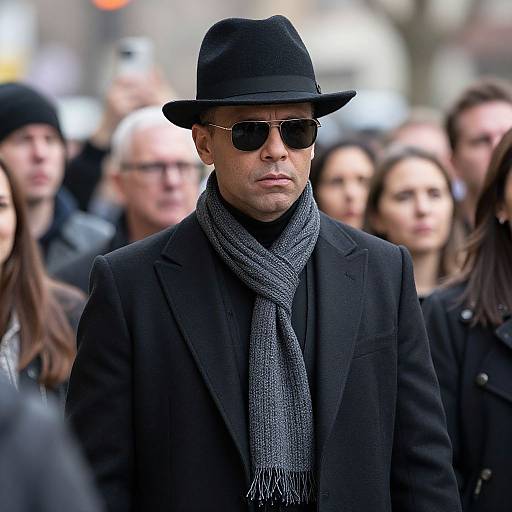 Photograph of a man in a black hat, sunglasses, and coat with a gray scarf, standing in a blurred crowd outdoors.