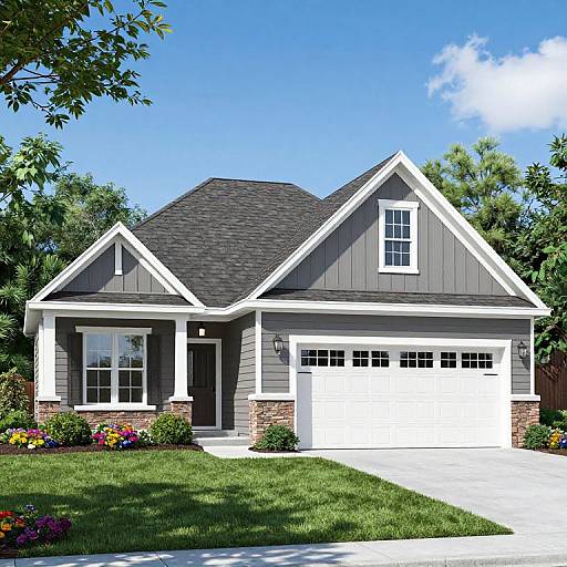 Photograph of a modern, gray-sided, single-story house with white trim, double garage, brick accents, and a lush green lawn. Bright blue