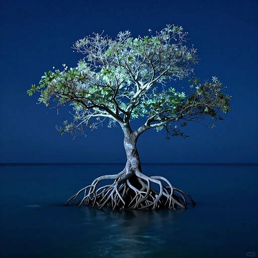 Photograph of a glowing, illuminated mangrove tree with exposed roots standing in dark, calm water against a deep blue night sky.
