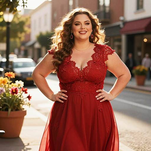 Photograph of a smiling, curvy woman with long brown hair in a red lace dress, standing on a sunlit urban street.