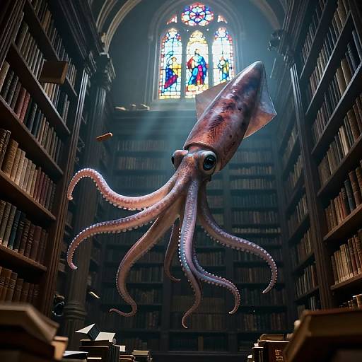 Colossal Squid in Ancient Library