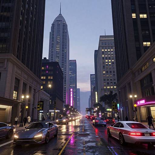 Photograph of a rainy urban street at dusk, featuring illuminated skyscrapers, neon signs, wet pavement, and moving cars with headlights on.