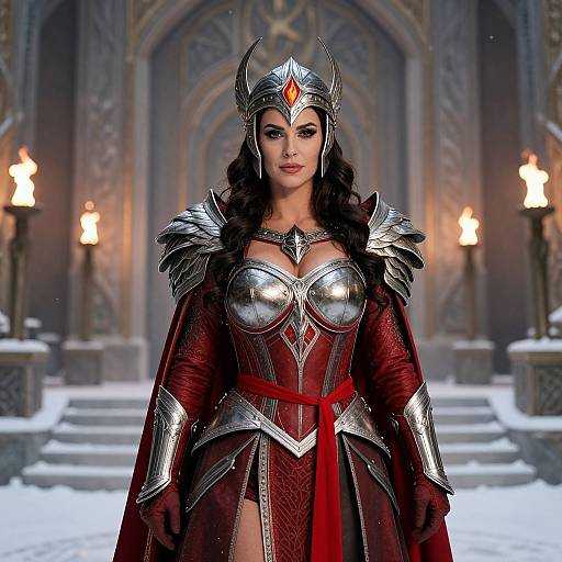 Photograph of a dark-haired woman in silver and red medieval armor with wings, red sash, and helmet, standing in a snowy, candlelit