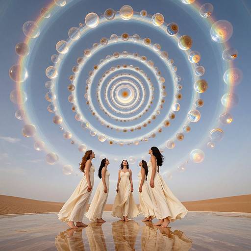 Women in Cream Dresses Under Spiral Orbs