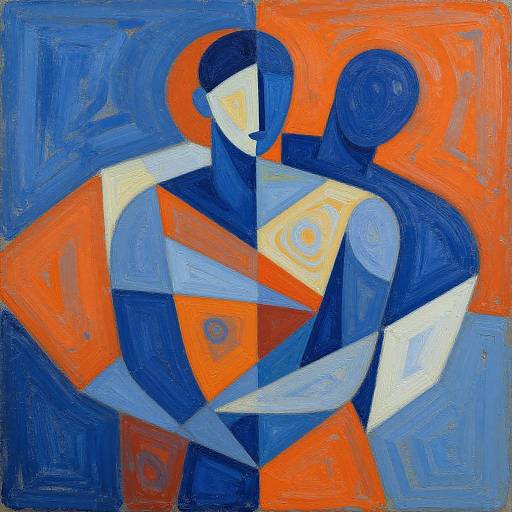 Abstract painting of two blue and orange geometric figures embracing, with bold brushstrokes and vibrant colors on a textured canvas.