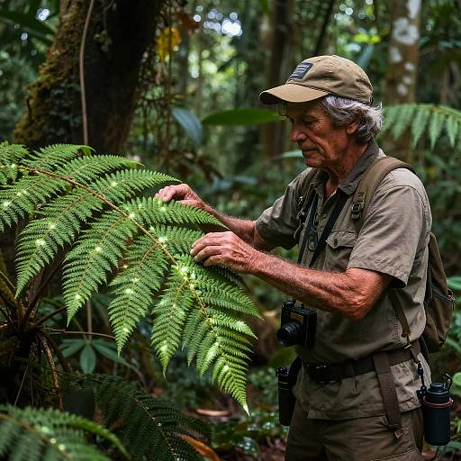 Photograph of an older white man with gray hair in a khaki ranger outfit, wearing a cap, examining glowing ferns in a dense, lush
