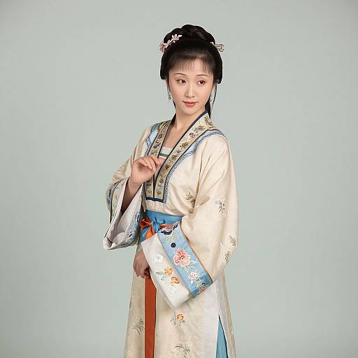 Photograph of an Asian woman in a traditional white silk kimono with blue and orange accents, floral patterns, and a hairpin, standing against a
